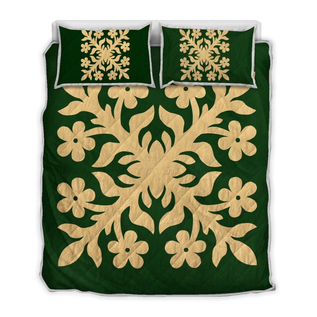 Hawaiian Royal Pattern Quilt Bed Set - Green - C2 Style - AH Green - Polynesian Pride