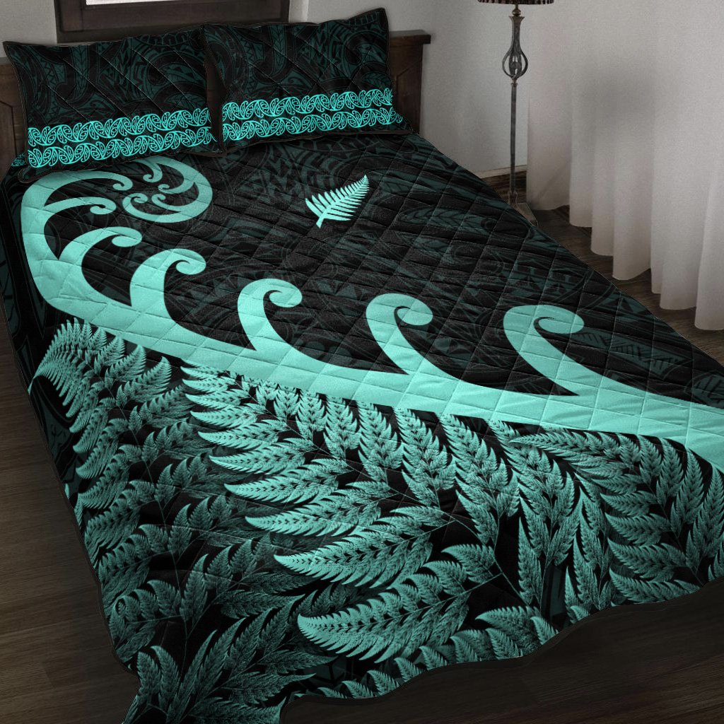 New Zealand Rugby Maori Quilt Bed Set Silver Fern Koru Vibes - Turquoise LT8 - Polynesian Pride