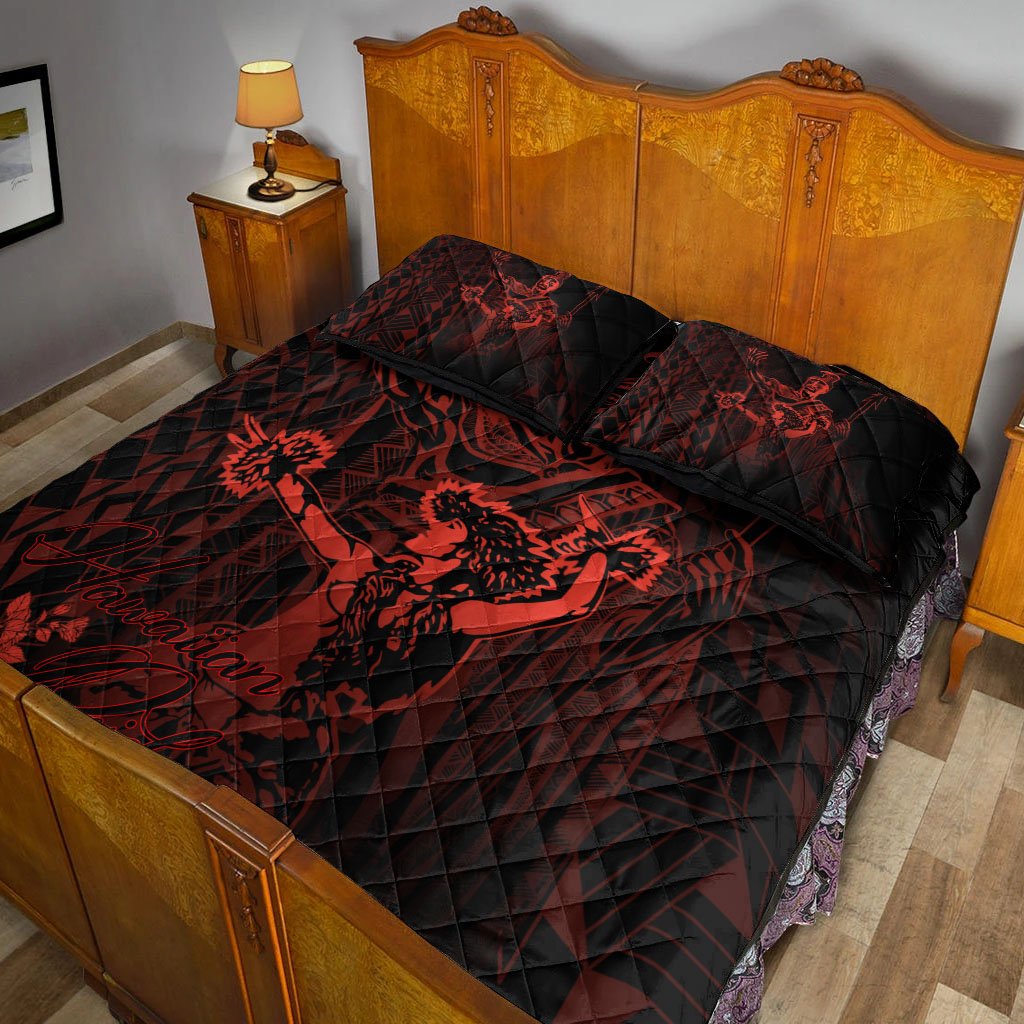 Hawaii Quilt Bed Set - King Of Hawaii With Hawaiian Girls Red Version - Polynesian Pride