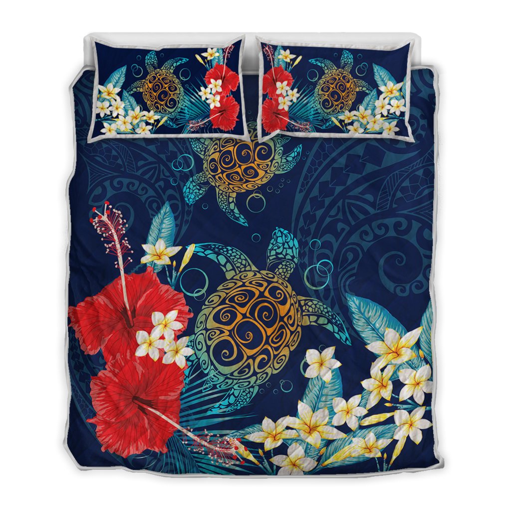 Hawaiian Turtle Hibiscus Polynesian Quilt Bed Set - Blue - Edna Style - AH Blue - Polynesian Pride