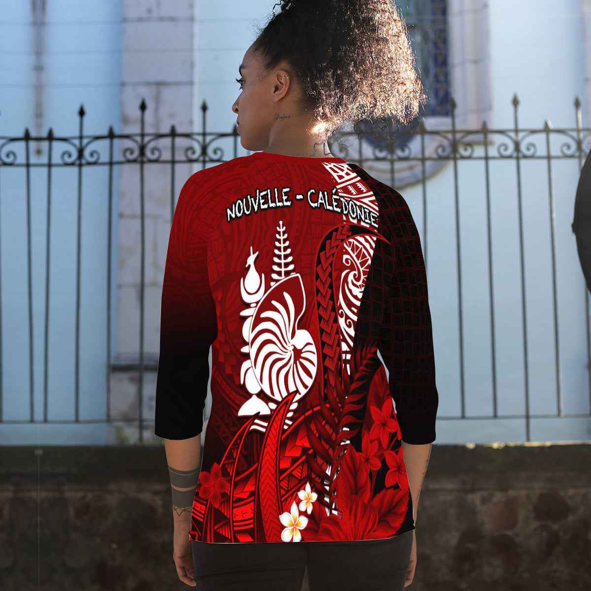 (Custom Personalised) New Caledonia Raglan 3/4 Sleeve T Shirt Nautilus Red Polynesian Hibiscus LT13 - Polynesian Pride