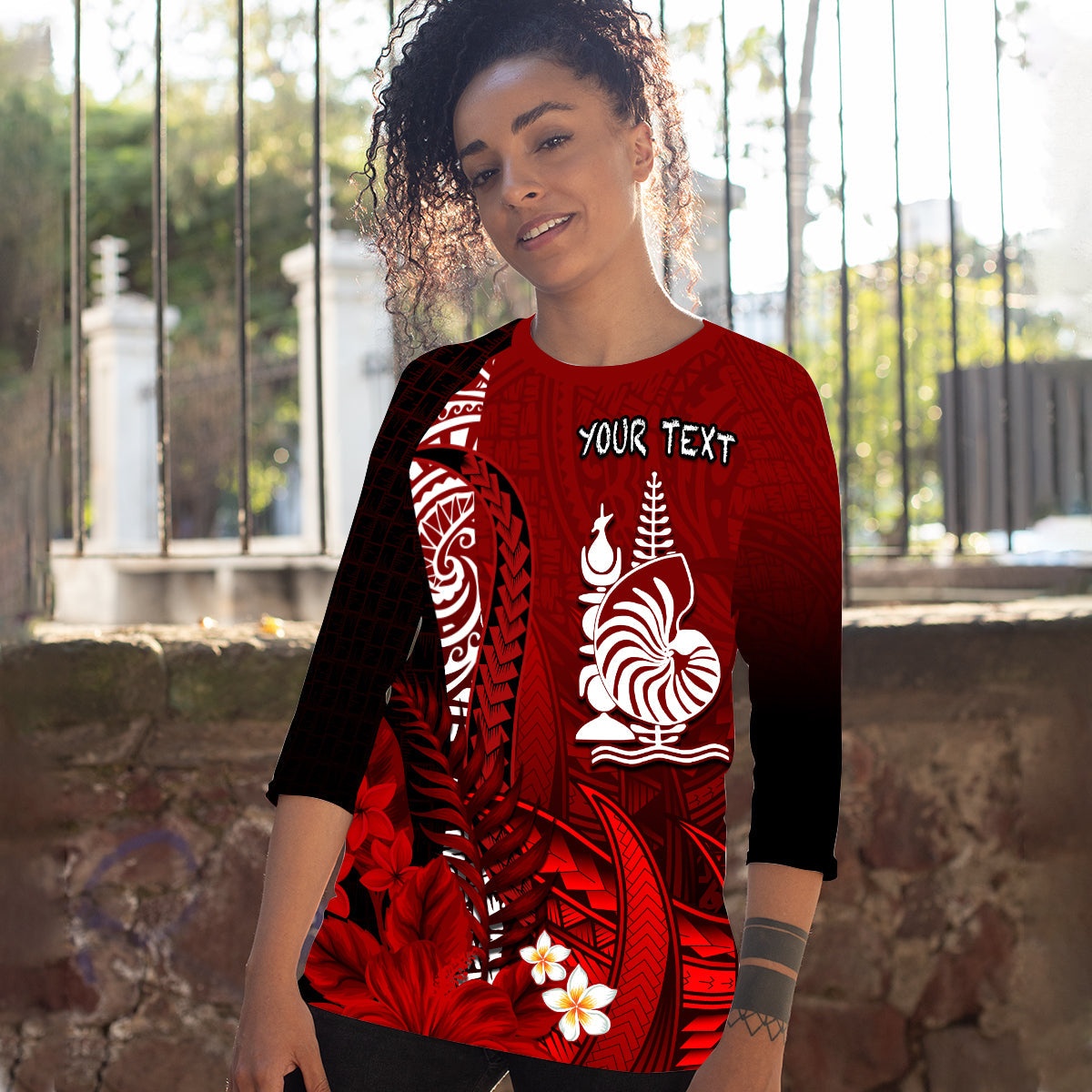 (Custom Personalised) New Caledonia Raglan 3/4 Sleeve T Shirt Nautilus Red Polynesian Hibiscus LT13 Red - Polynesian Pride