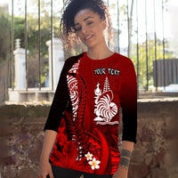 (Custom Personalised) New Caledonia Raglan 3/4 Sleeve T Shirt Nautilus Red Polynesian Hibiscus LT13 Red - Polynesian Pride
