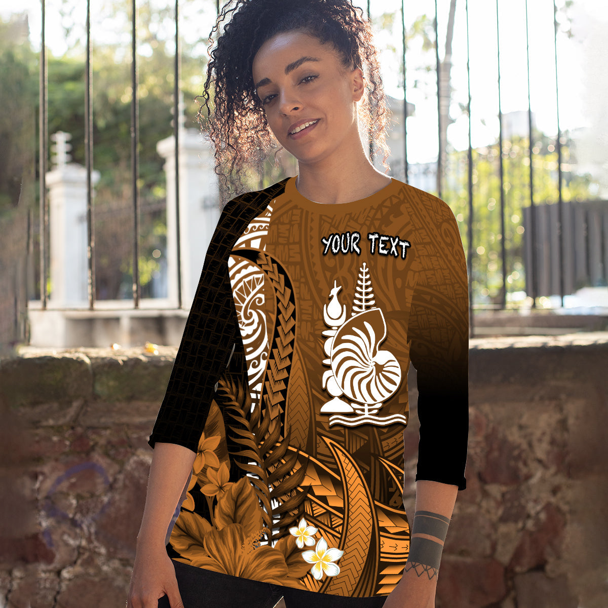 (Custom Personalised) New Caledonia Raglan 3/4 Sleeve T Shirt Nautilus Gold Polynesian Hibiscus LT13 Gold - Polynesian Pride