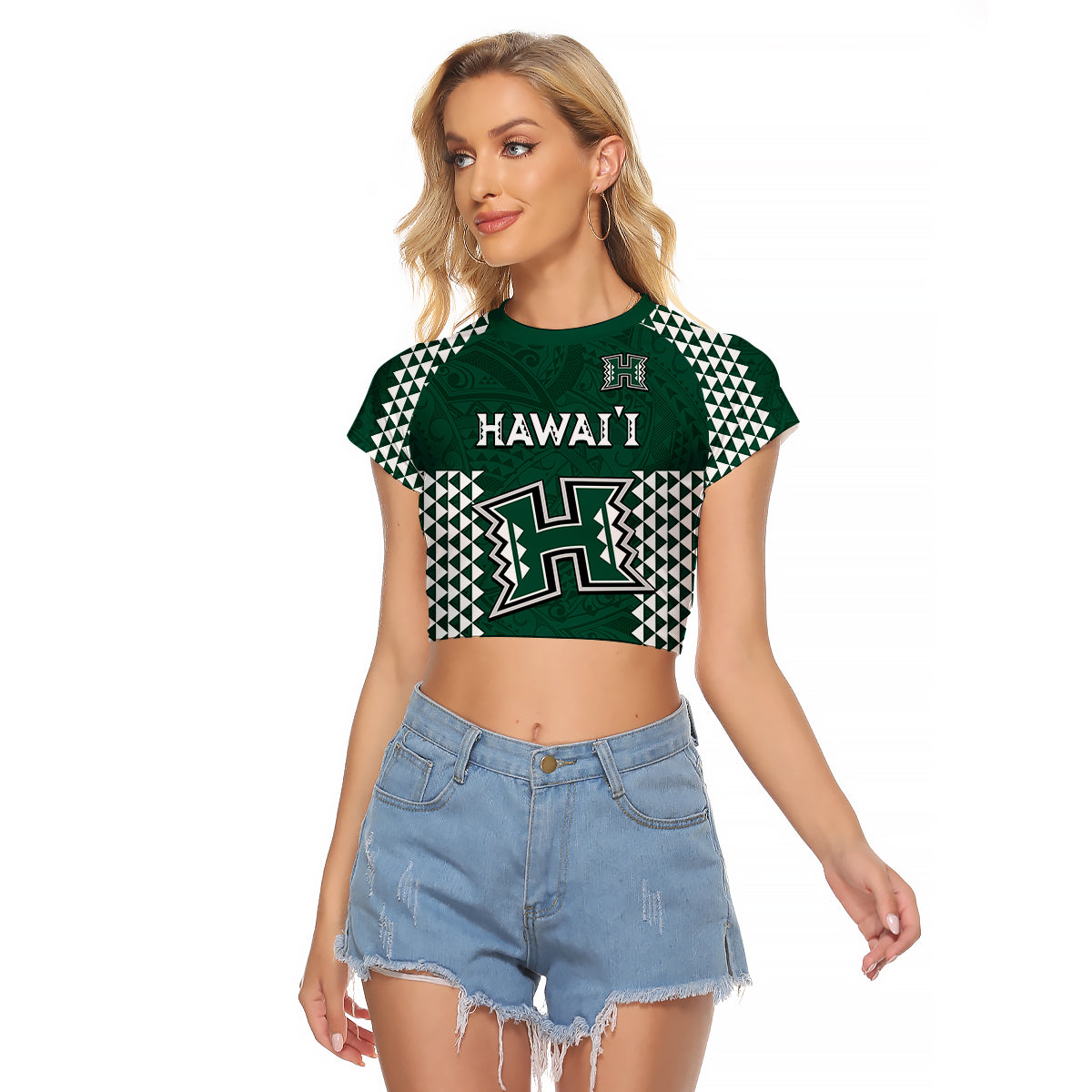 (Custom Text and Number) Hawaii Football Raglan Cropped Kakau Warrior Be Stronger LT13 Female Green - Polynesian Pride