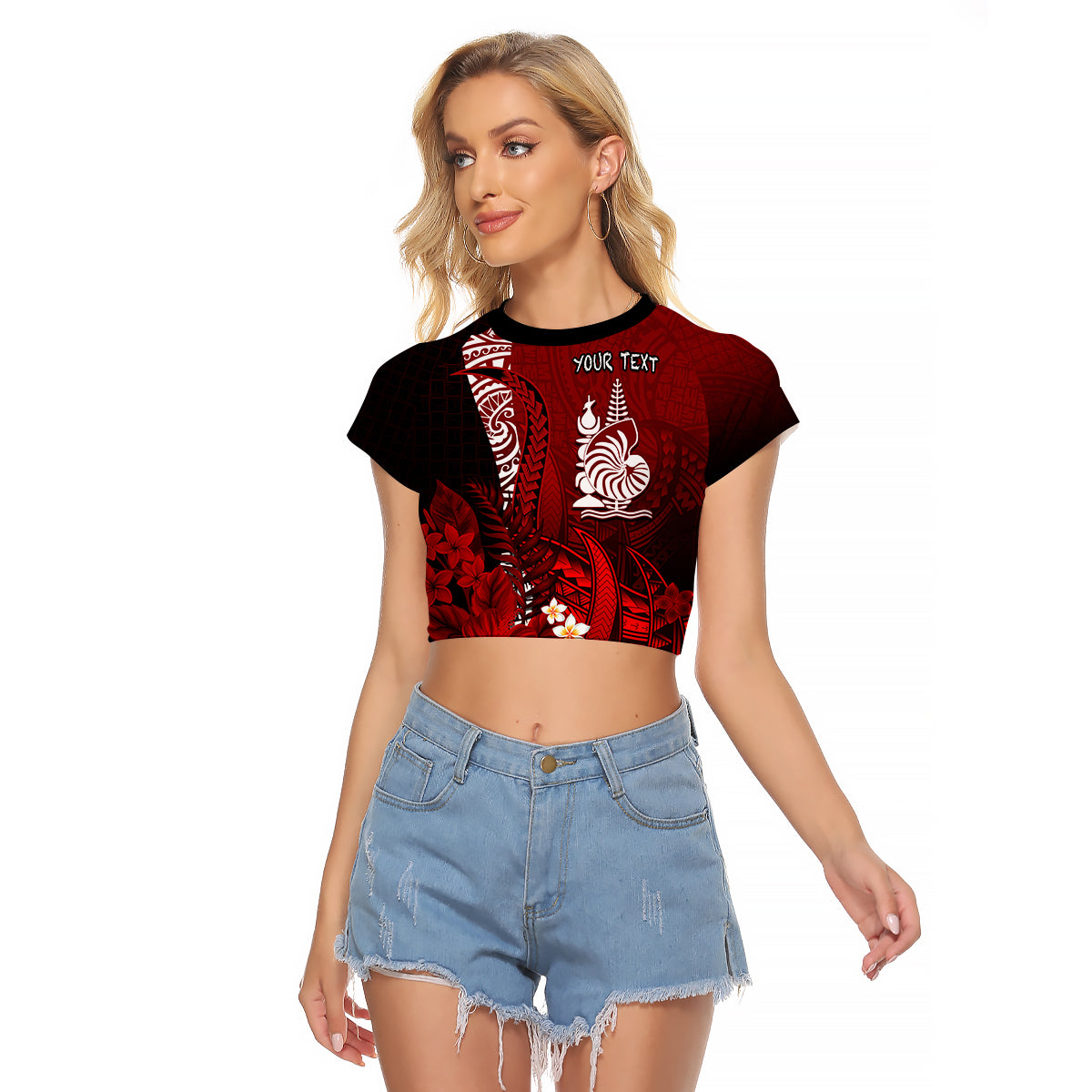 (Custom Personalised) New Caledonia Raglan Cropped T Shirt Nautilus Red Polynesian Hibiscus LT13 Female Red - Polynesian Pride