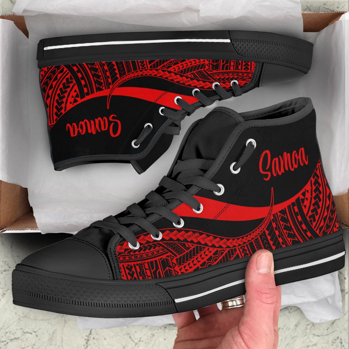 Samoa High Top Shoes Red - Polynesian Tentacle Tribal Pattern Unisex Black - Polynesian Pride