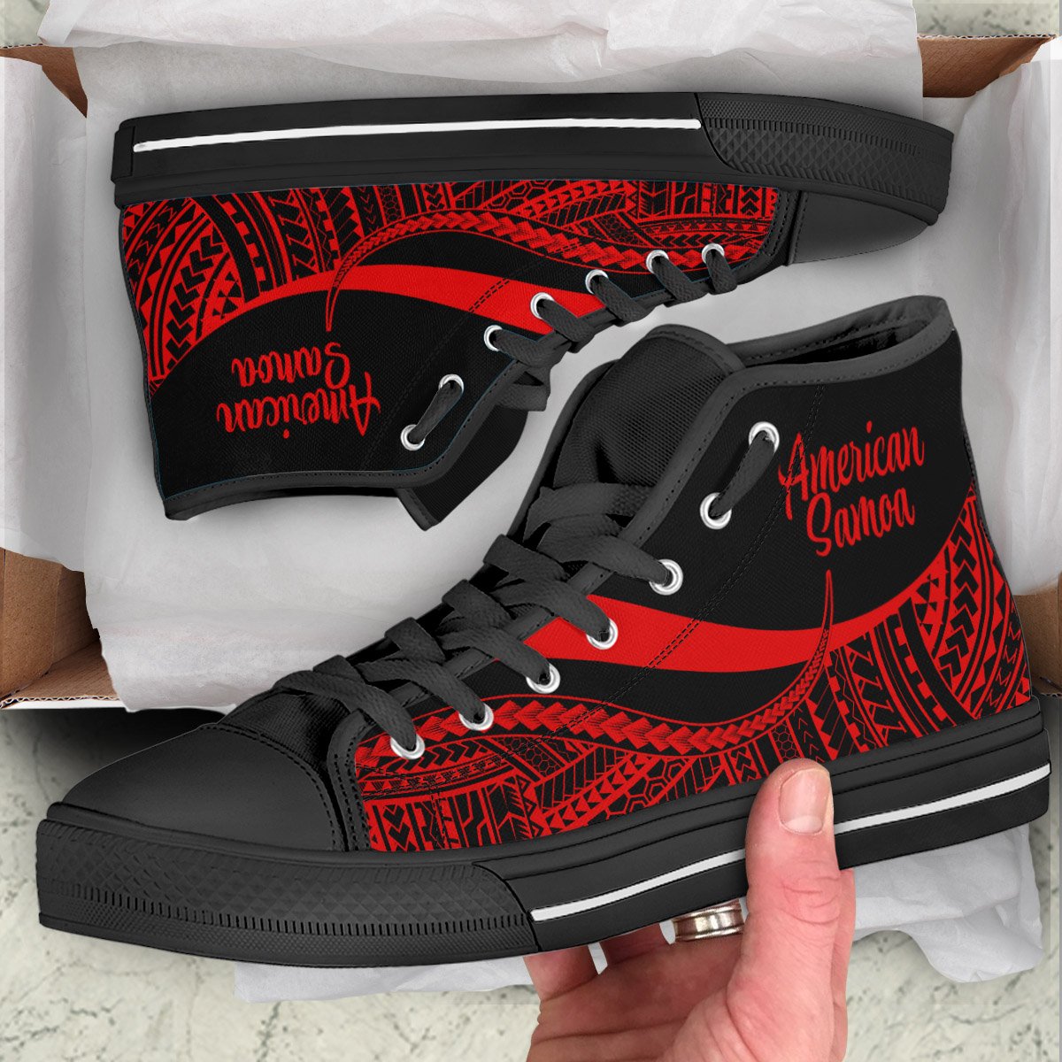 American Samoa High Top Shoes Red - Polynesian Tentacle Tribal Pattern Unisex Black - Polynesian Pride