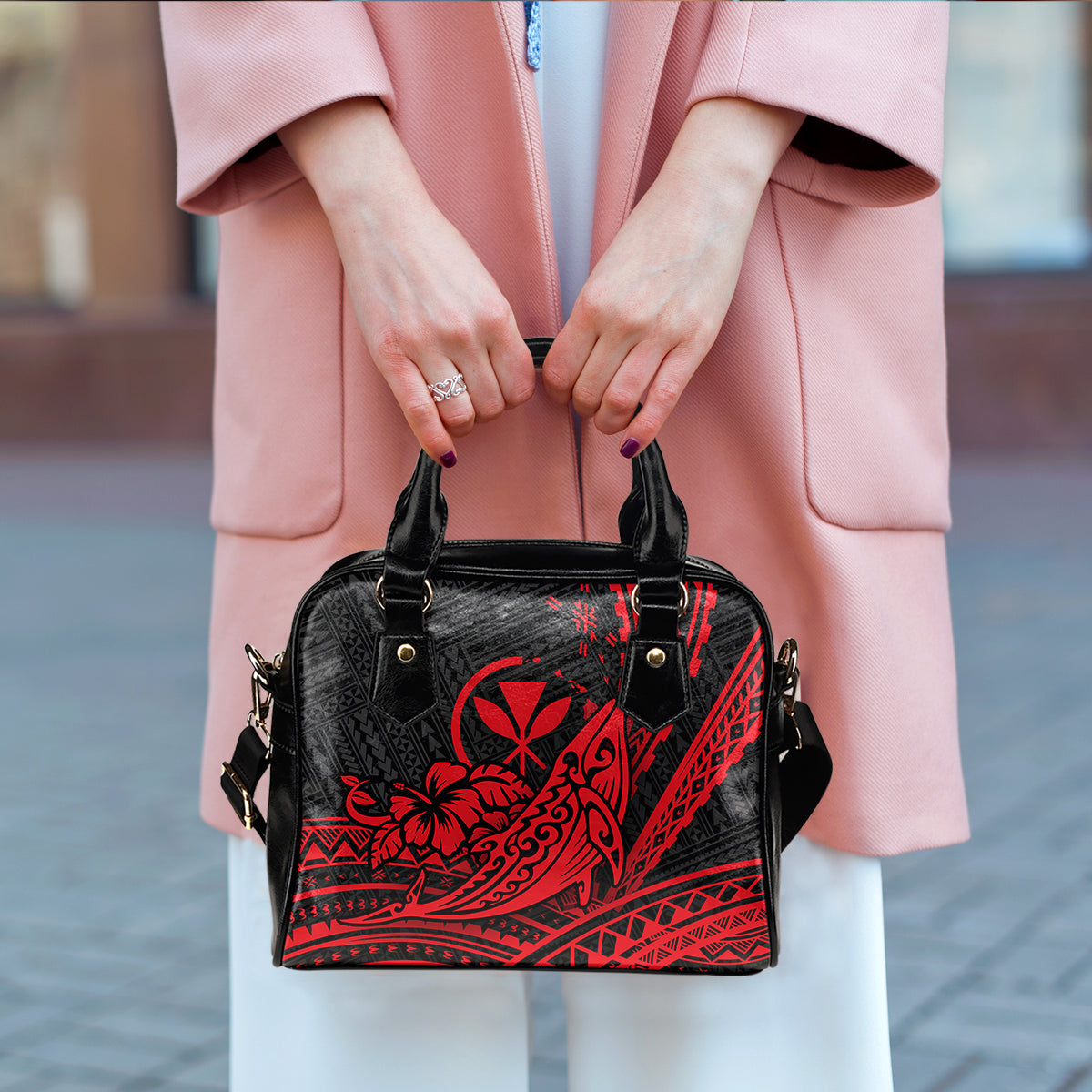 Hawaii Humpback Whale With Hibiscus Tribal Red Shoulder Handbag - LT12 - Polynesian Pride