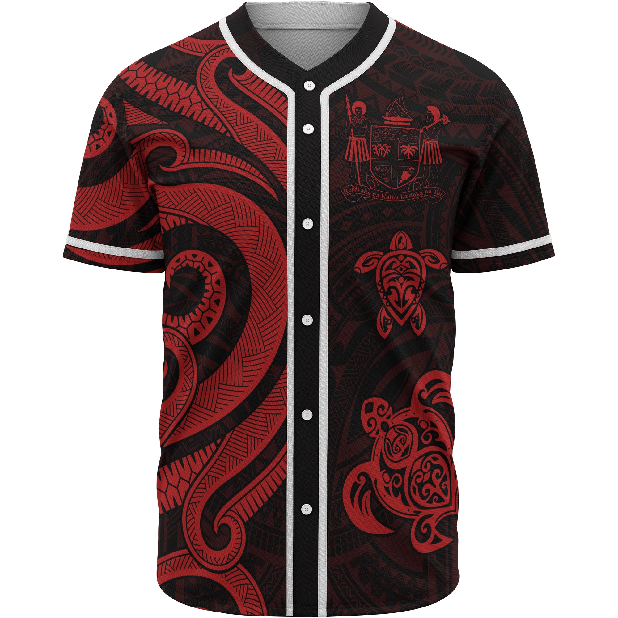 Fiji Baseball Shirt - Red Tentacle Turtle Crest Unisex Red - Polynesian Pride