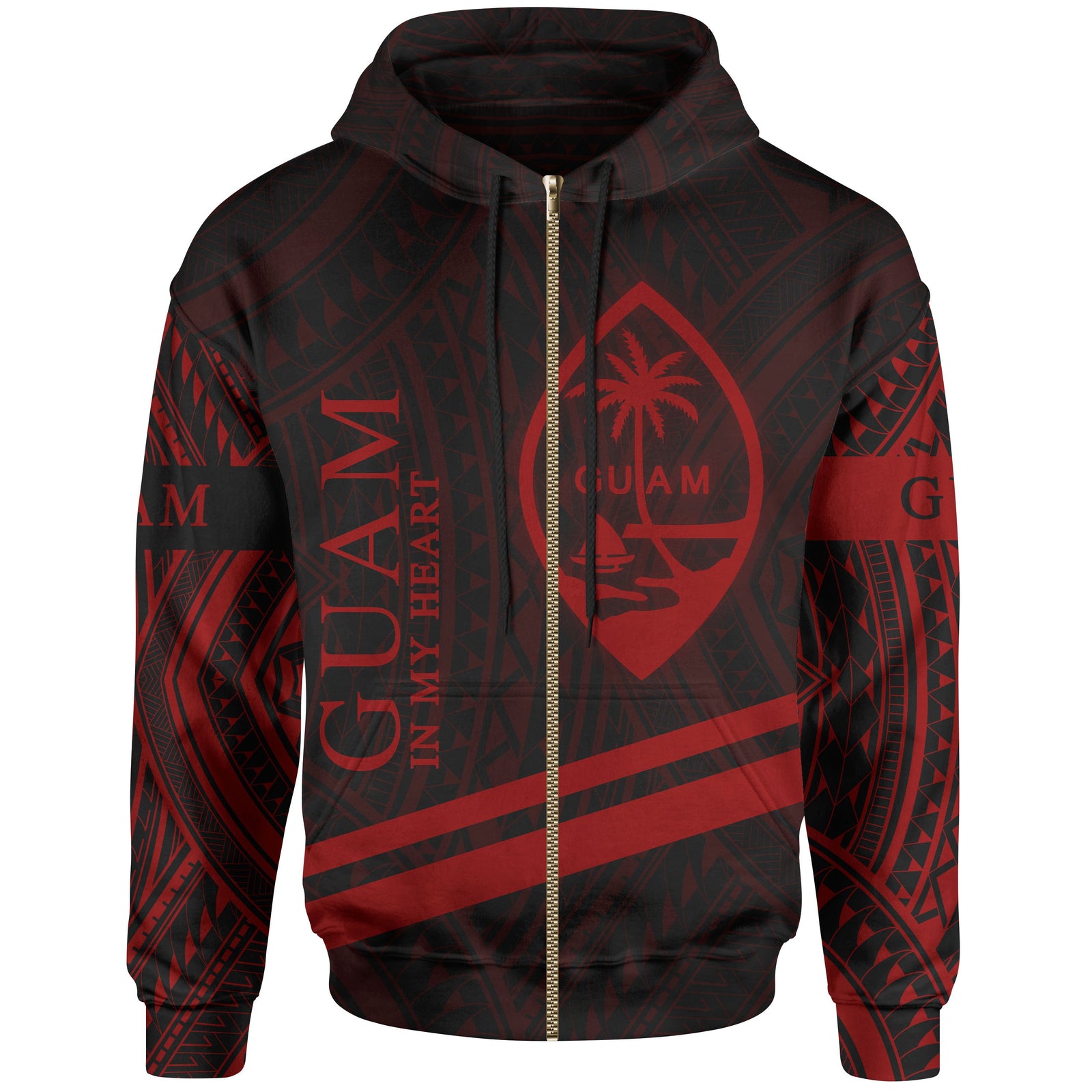 Guam Zip Hoodie In My Heart Style Red Polynesian Patterns Unisex Black - Polynesian Pride