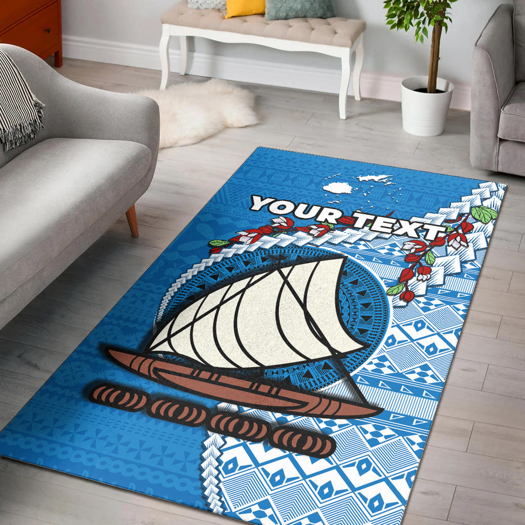 (Custom Personalised) Fiji Area Rug Fijian Drua Mix Tagimaucia Flower Blue Style Ver.02 LT14 Blue - Polynesian Pride