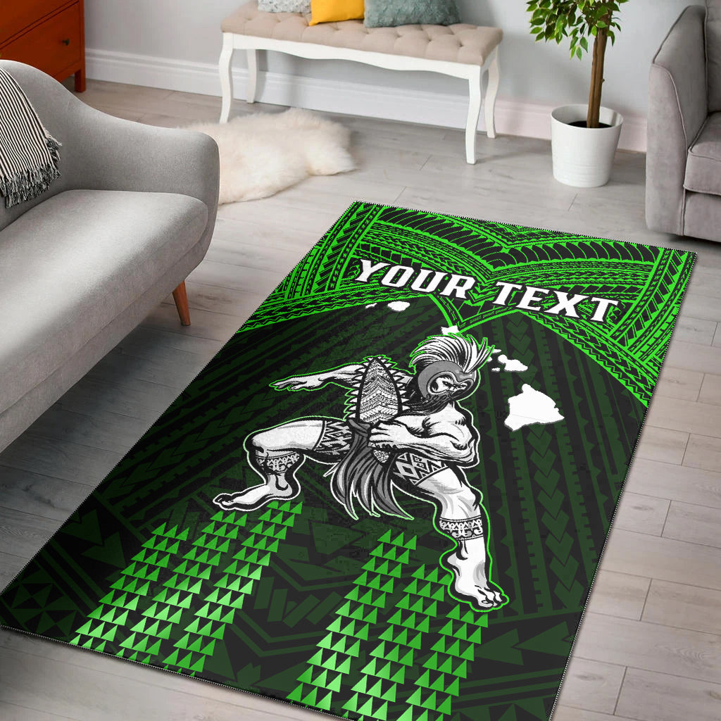 (Custom Personalised) Hawaii Area Rug Hawaiian Warrior With Weapon Polynesian Ver.03 LT14 Green - Polynesian Pride