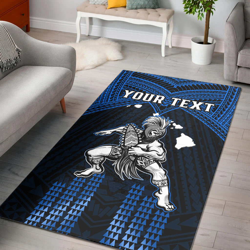 (Custom Personalised) Hawaii Area Rug Hawaiian Warrior With Weapon Polynesian Ver.06 LT14 Blue - Polynesian Pride