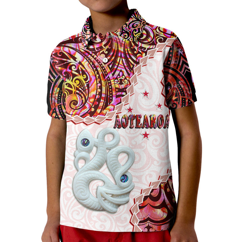 New Zealand Maori Polo Shirt Aotearoa Manaia Red Paua Shell Kia Ora LT9 Kid Red - Polynesian Pride