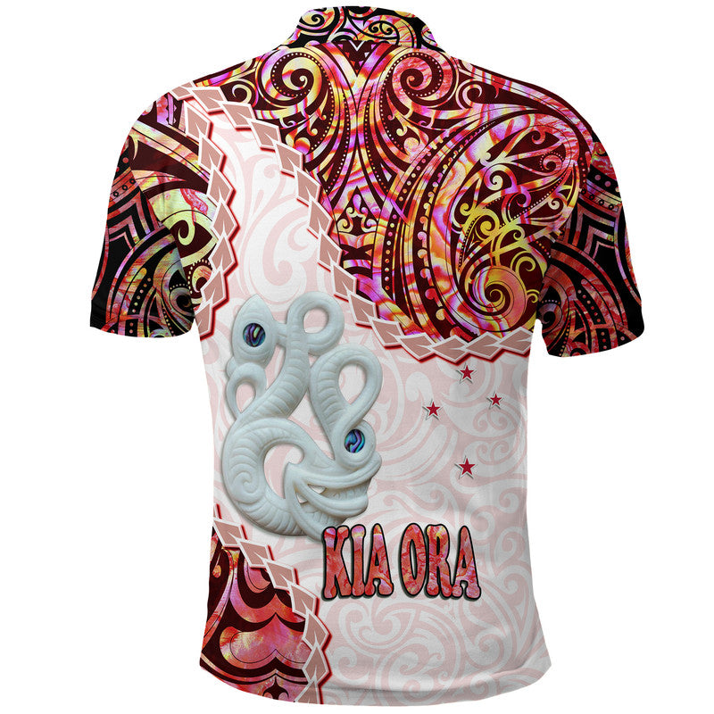 New Zealand Maori Polo Shirt Aotearoa Manaia Red Paua Shell Kia Ora LT9 - Polynesian Pride