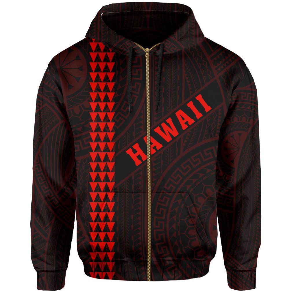 Polynesian Kakau Turtle Ohana Map of Hawaii Zip Hoodie Red - Polynesian Pride