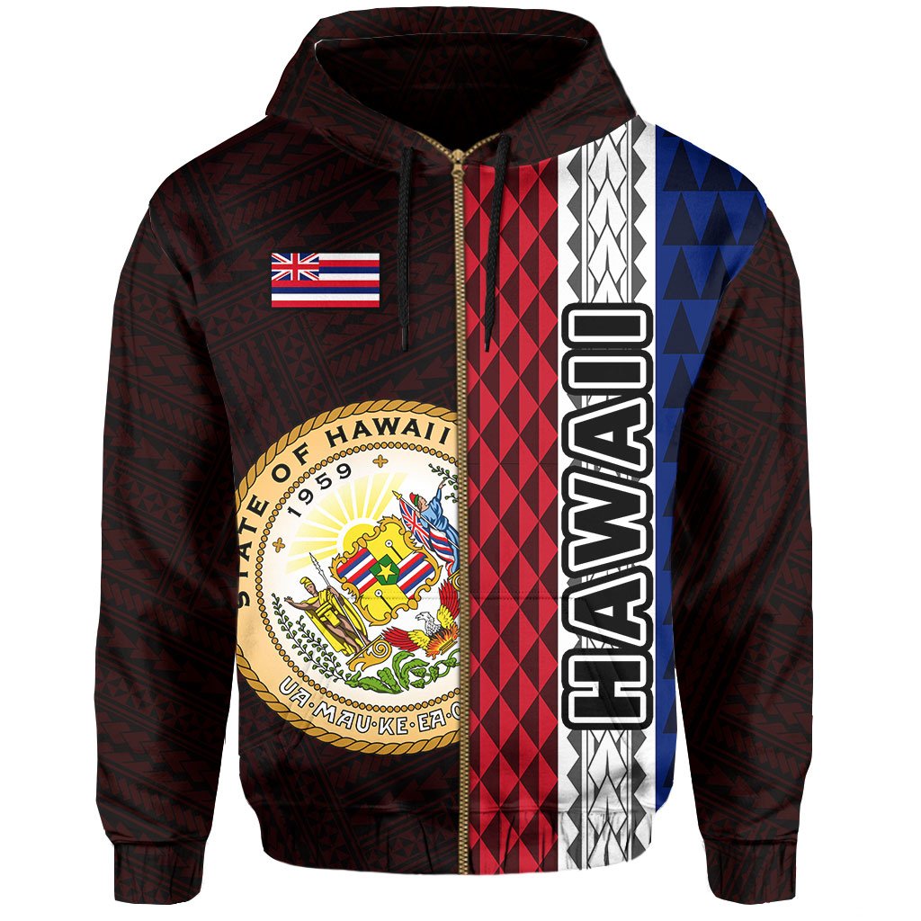 Polynesian Kakau Hawaii Flag Seal of Hawaii Zip Hoodie Red - Polynesian Pride