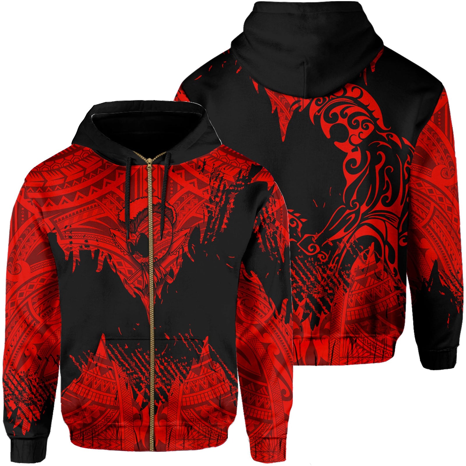 Hawaii Polynesian Hoodie Zip Warrior Ikaika Benjamin Style Red Unisex Black - Polynesian Pride