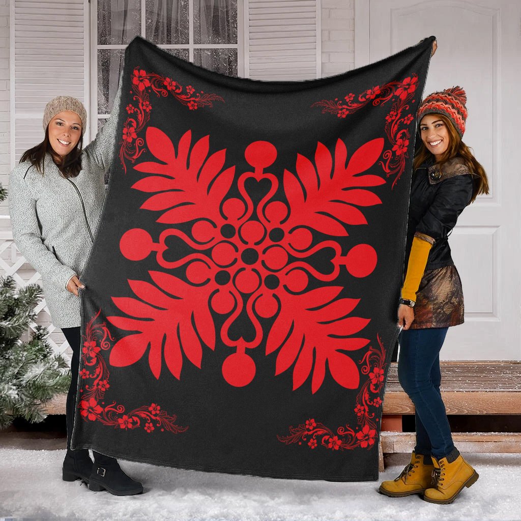 Hawaiian Quilt Maui Plant And Hibiscus Premium Blanket - Red Black - AH - Polynesian Pride