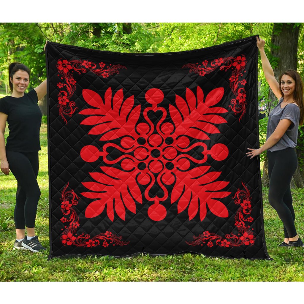 Hawaiian Quilt Maui Plant And Hibiscus Premium Quilt - Red Black - AH Red - Polynesian Pride