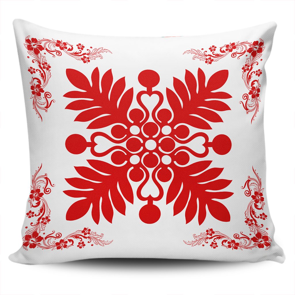 Hawaiian Quilt Maui Plant And Hibiscus Pattern Pillow Covers - Red White - AH One Size Red - Polynesian Pride