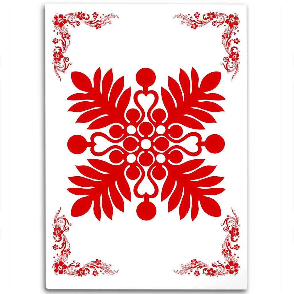 Hawaiian Quilt Maui Plant And Hibiscus Pattern Area Rug - Red White - AH Red - Polynesian Pride