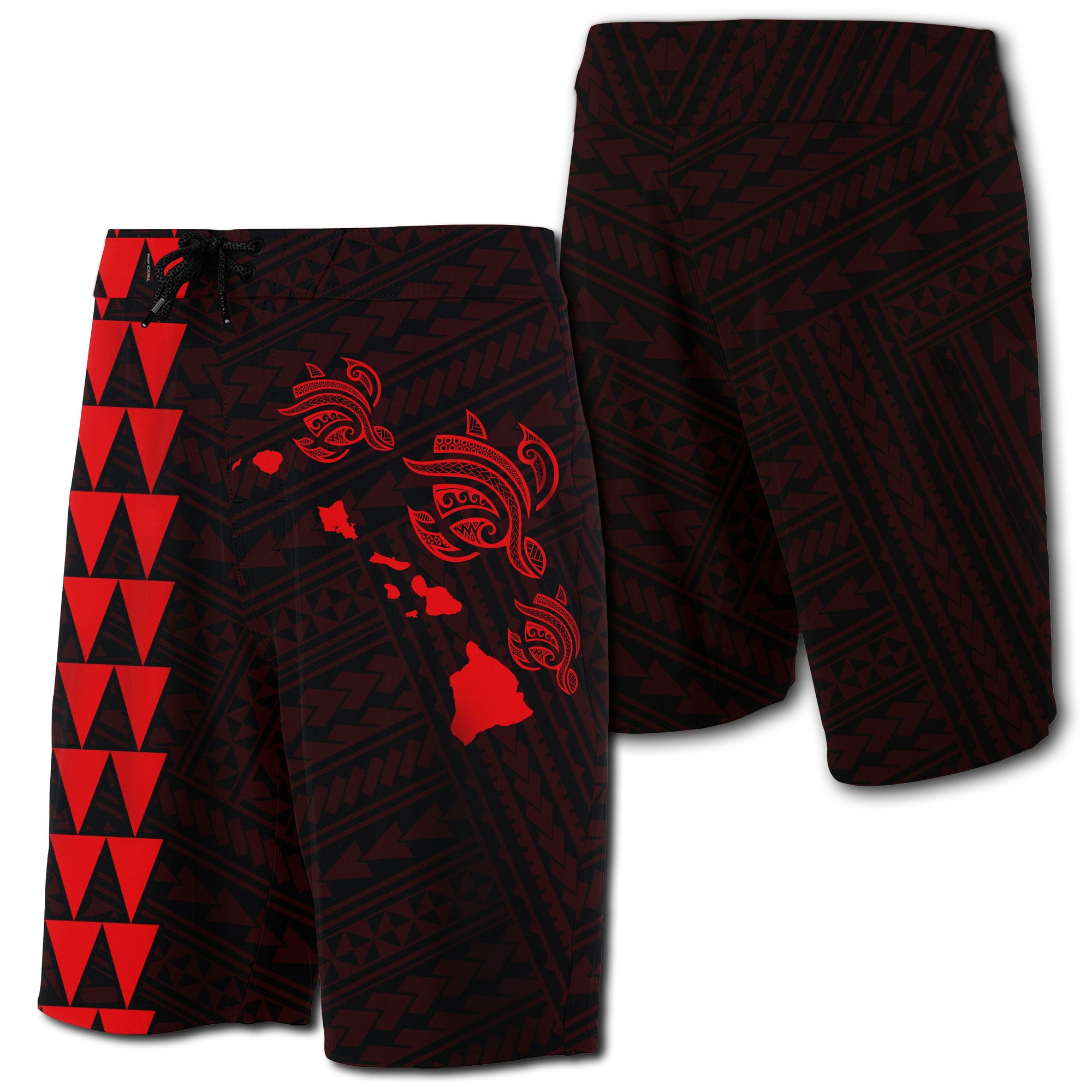 Hawaii Kakau Polynesian Three Turtles Map Board Shorts - Red Men Red - Polynesian Pride