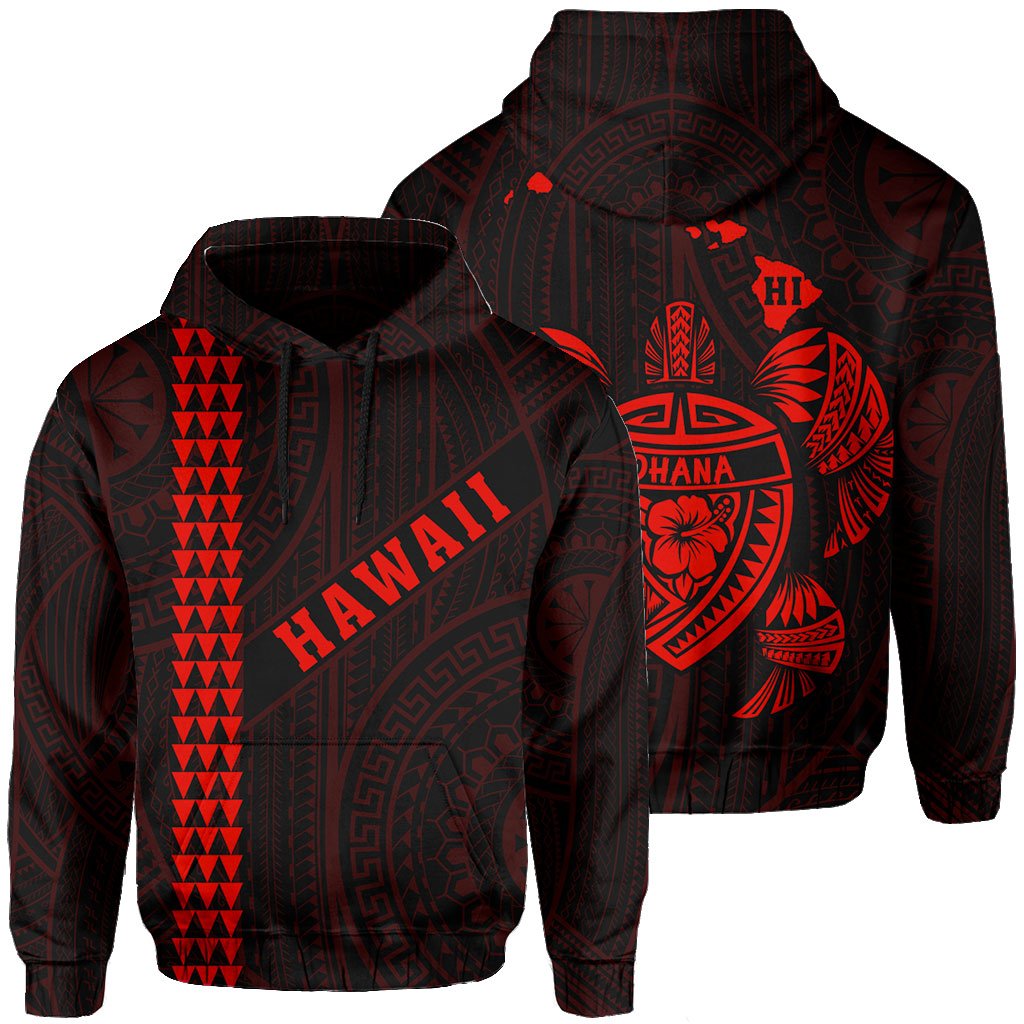 Polynesian Kakau Turtle Ohana Map of Hawaii Hoodie Red Unisex Red - Polynesian Pride