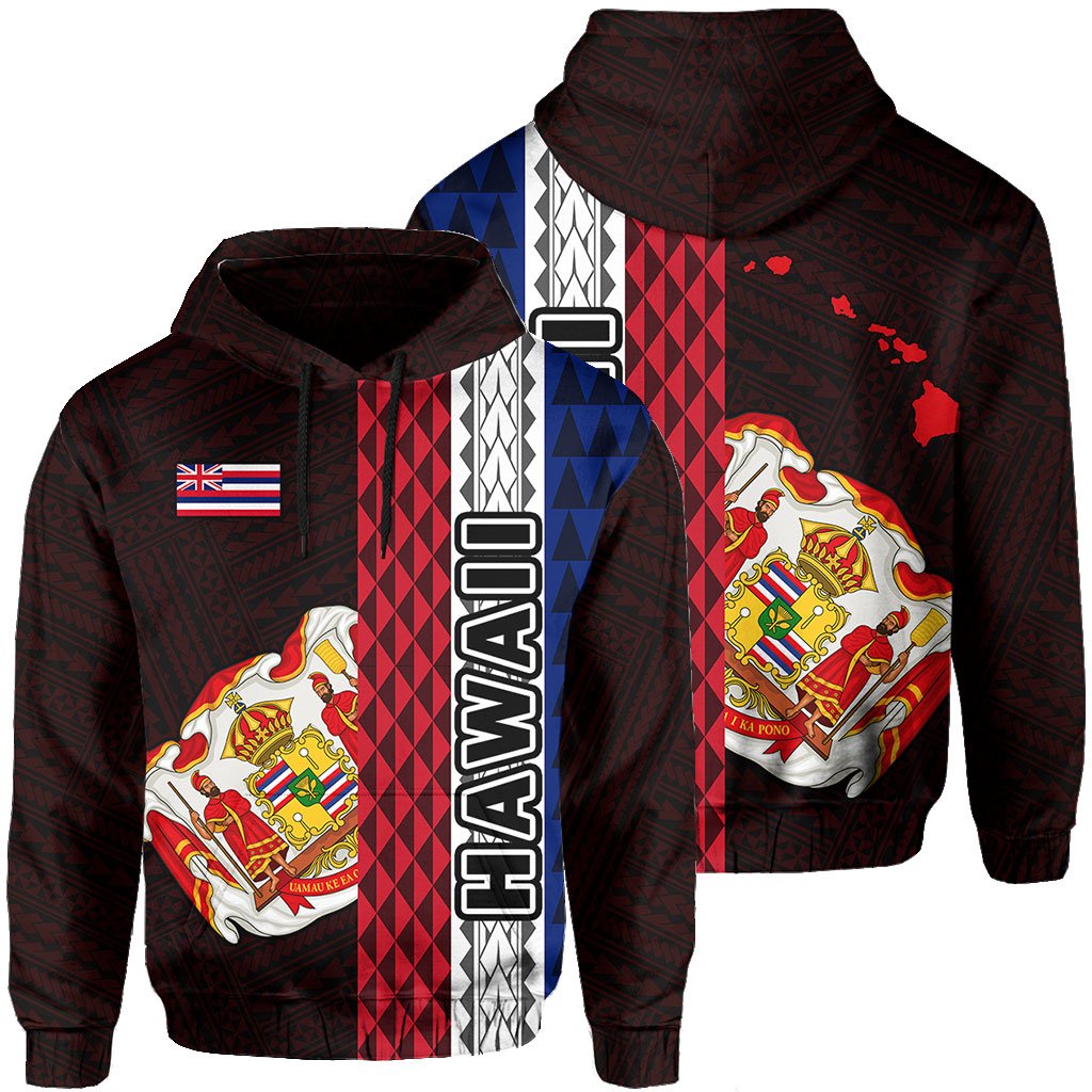 Polynesian Kakau Hawaii Flag Royal Coat of Arms Hawaii Hoodie Red Unisex Red - Polynesian Pride