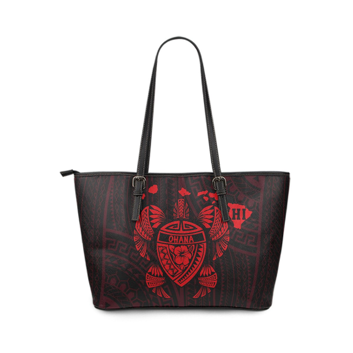 Hawaii Kakau Polynesian Turtle Map Large Leather Tote - Red Red - Polynesian Pride