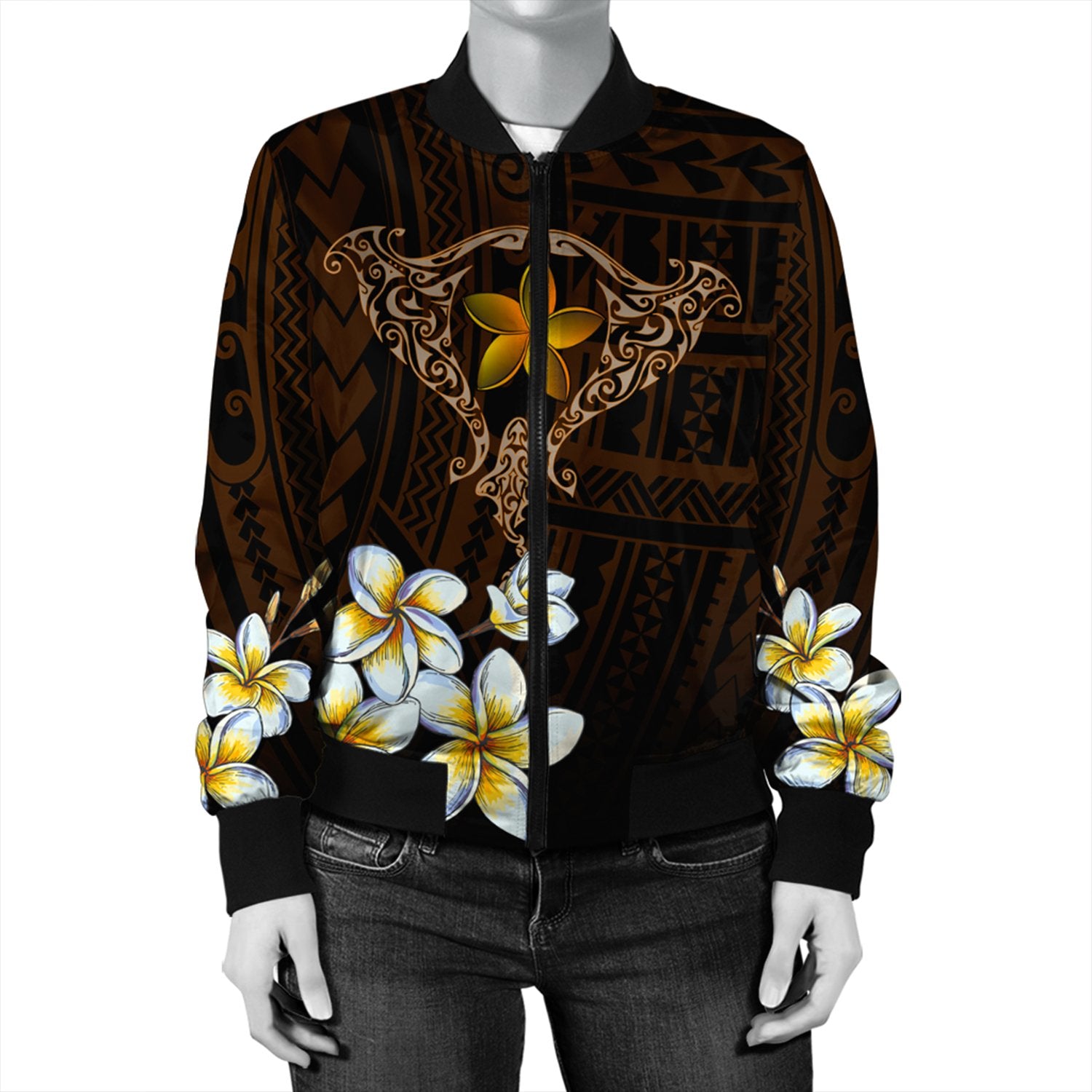 Hawaiian - Plumeria Ray Women's Bomber Jacket - Rise Style - AH Orange - Polynesian Pride