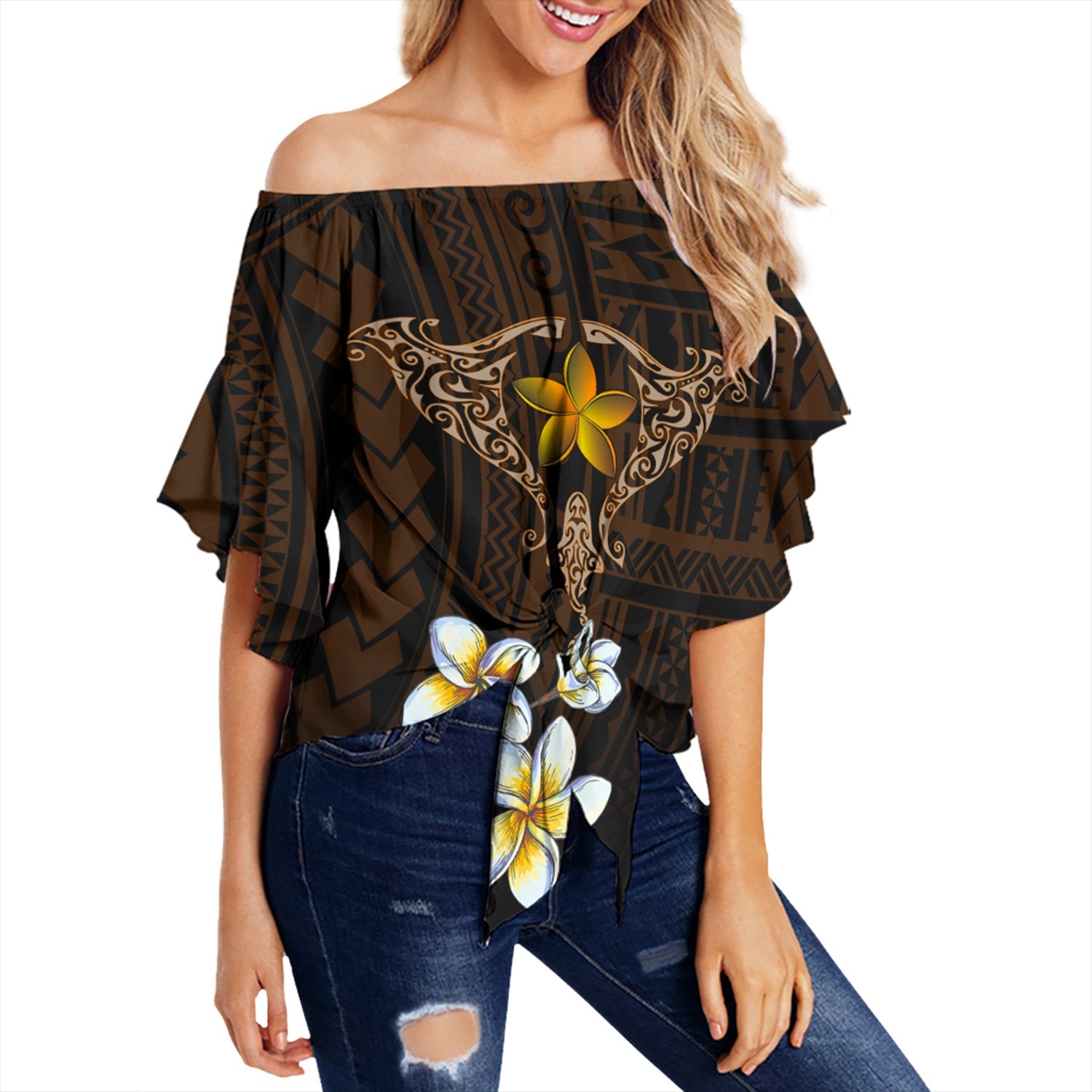 Hawaiian - Plumeria Ray Off Shoulder Waist Wrap Top - Rise Style - AH Female Orange - Polynesian Pride