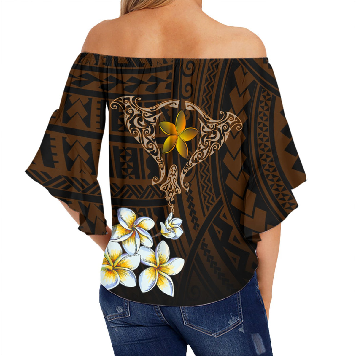 Hawaiian - Plumeria Ray Off Shoulder Waist Wrap Top - Rise Style - AH - Polynesian Pride