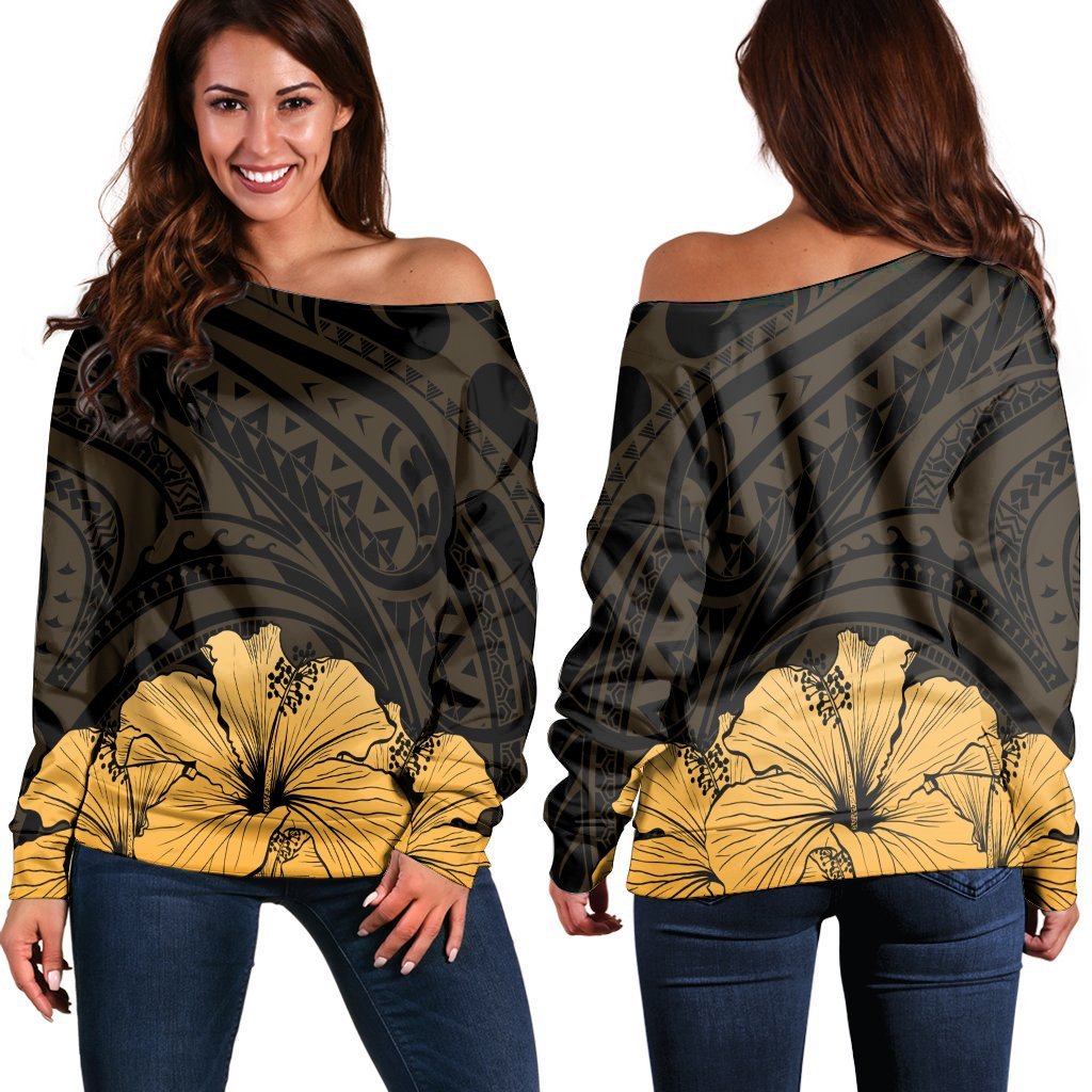 Royal Hibiscus Polynesian Tribal Golden Women's Off Shoulder Sweater - AH Black - Polynesian Pride