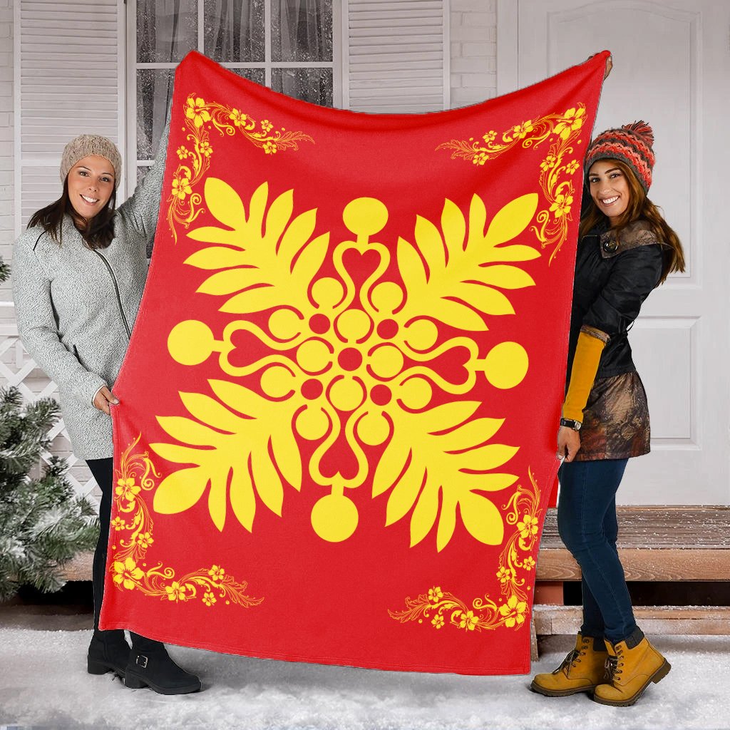 Hawaiian Quilt Maui Plant And Hibiscus Premium Blanket - Royal - AH - Polynesian Pride