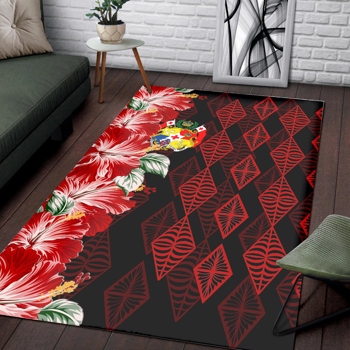 Tonga Rug Diamond Style Mix Hibiscus - Black LT7 - Polynesian Pride