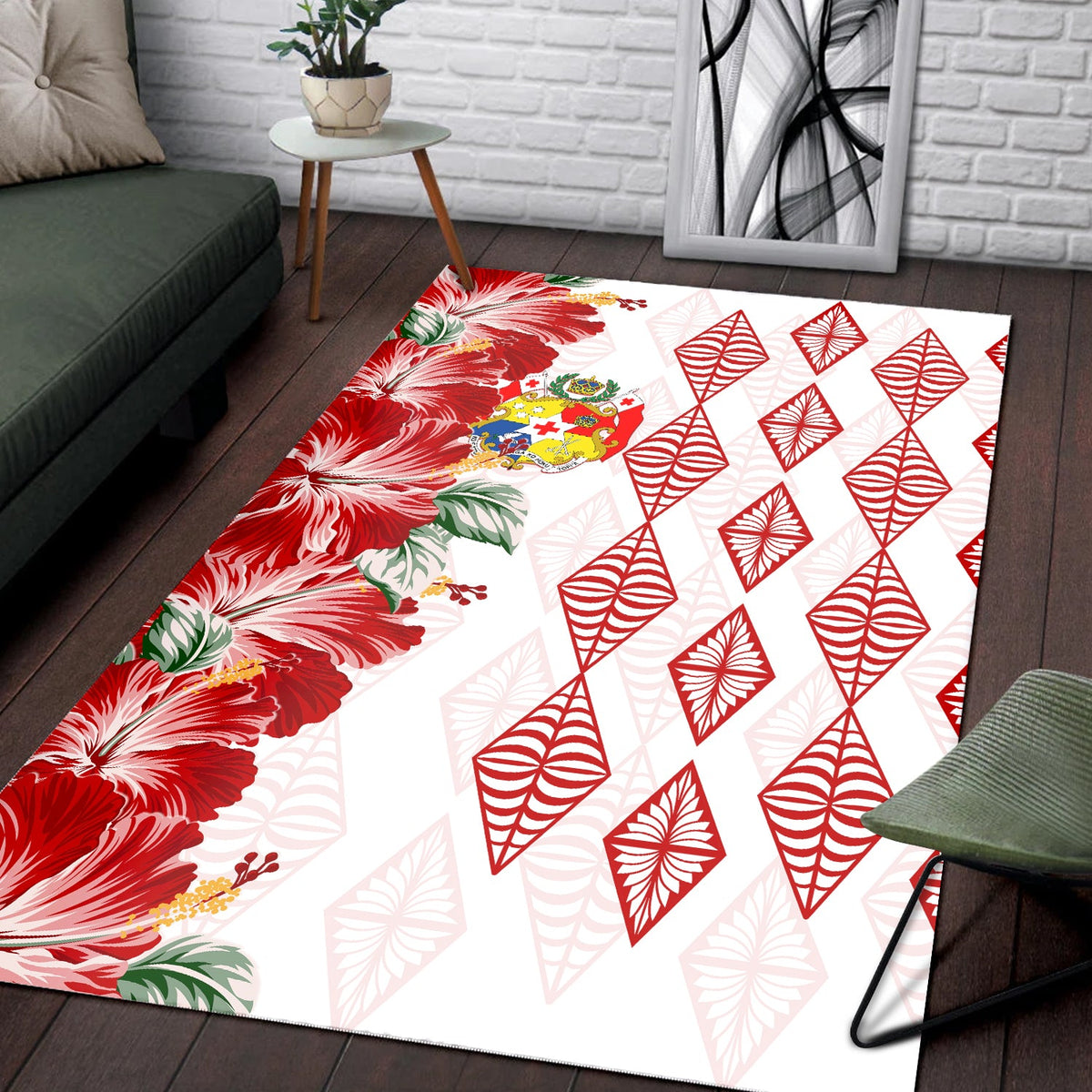 Tonga Rug Diamond Style Mix Hibiscus - White LT7 - Polynesian Pride