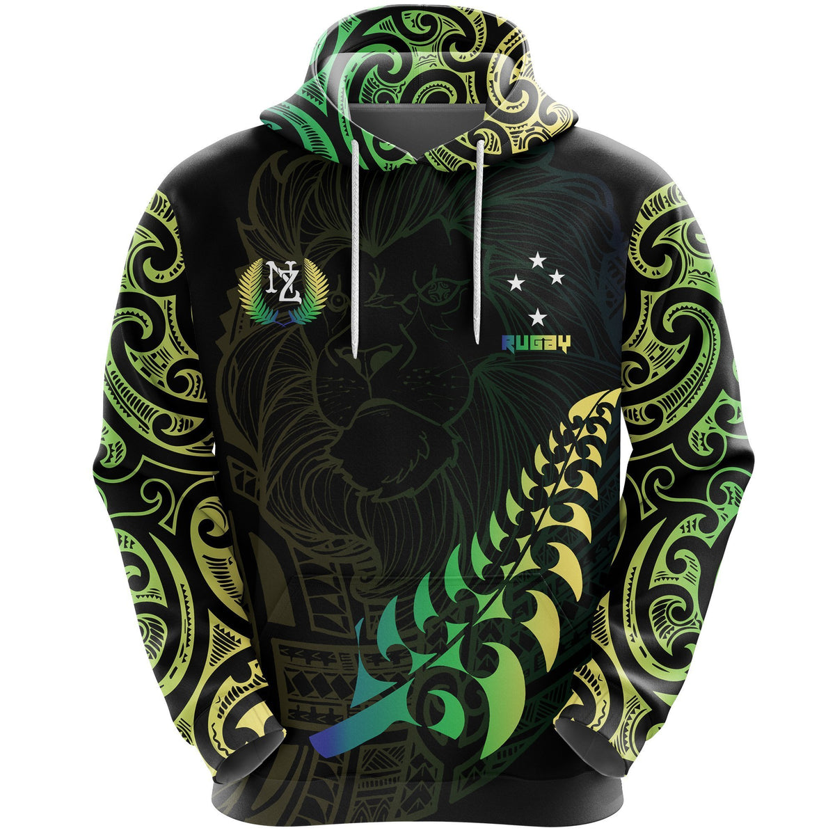 Maori Lion Rugby Hoodie Green Customized - Polynesian Pride