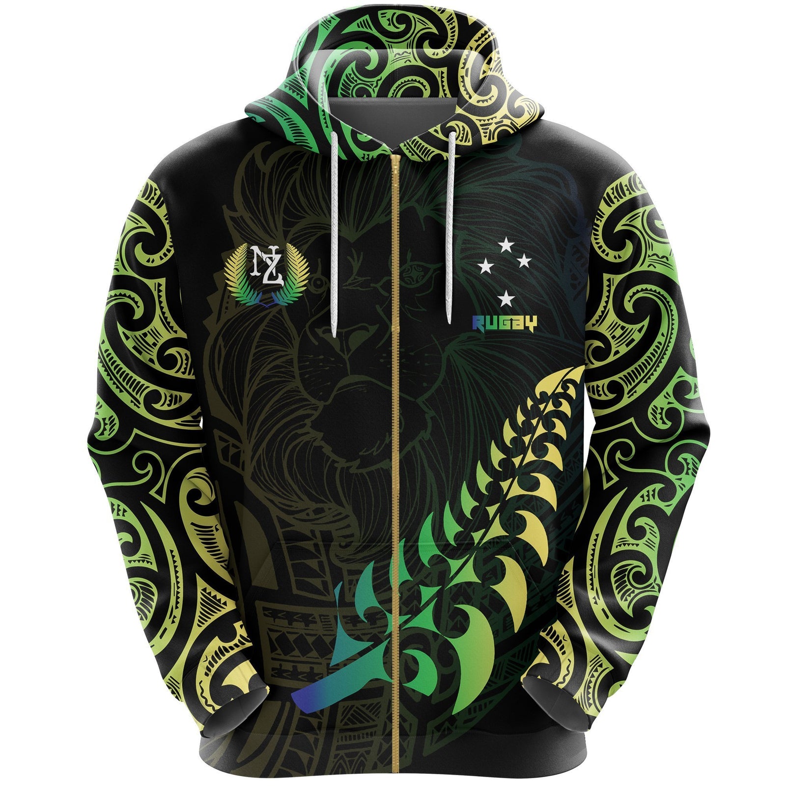 Maori Lion Rugby Zip Hoodie Green Customized - Polynesian Pride