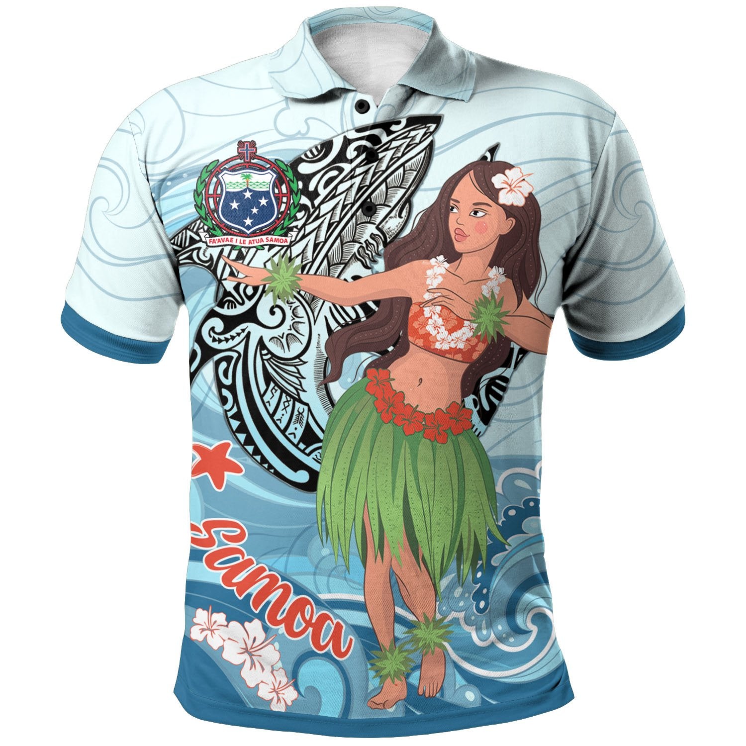 Samoa Polo Shirt Polynesian Girls With Shark Unisex Blue - Polynesian Pride