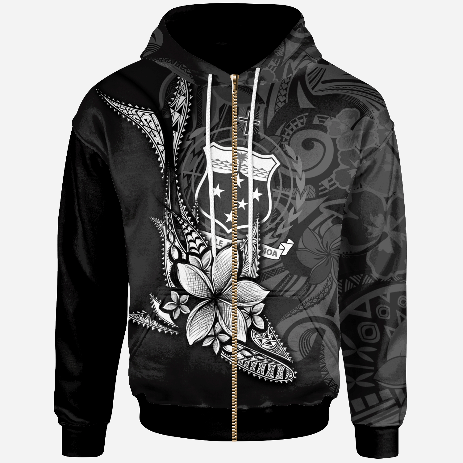 Samoa Zip Hoodie Fish With Plumeria Flowers Style Unisex Black - Polynesian Pride