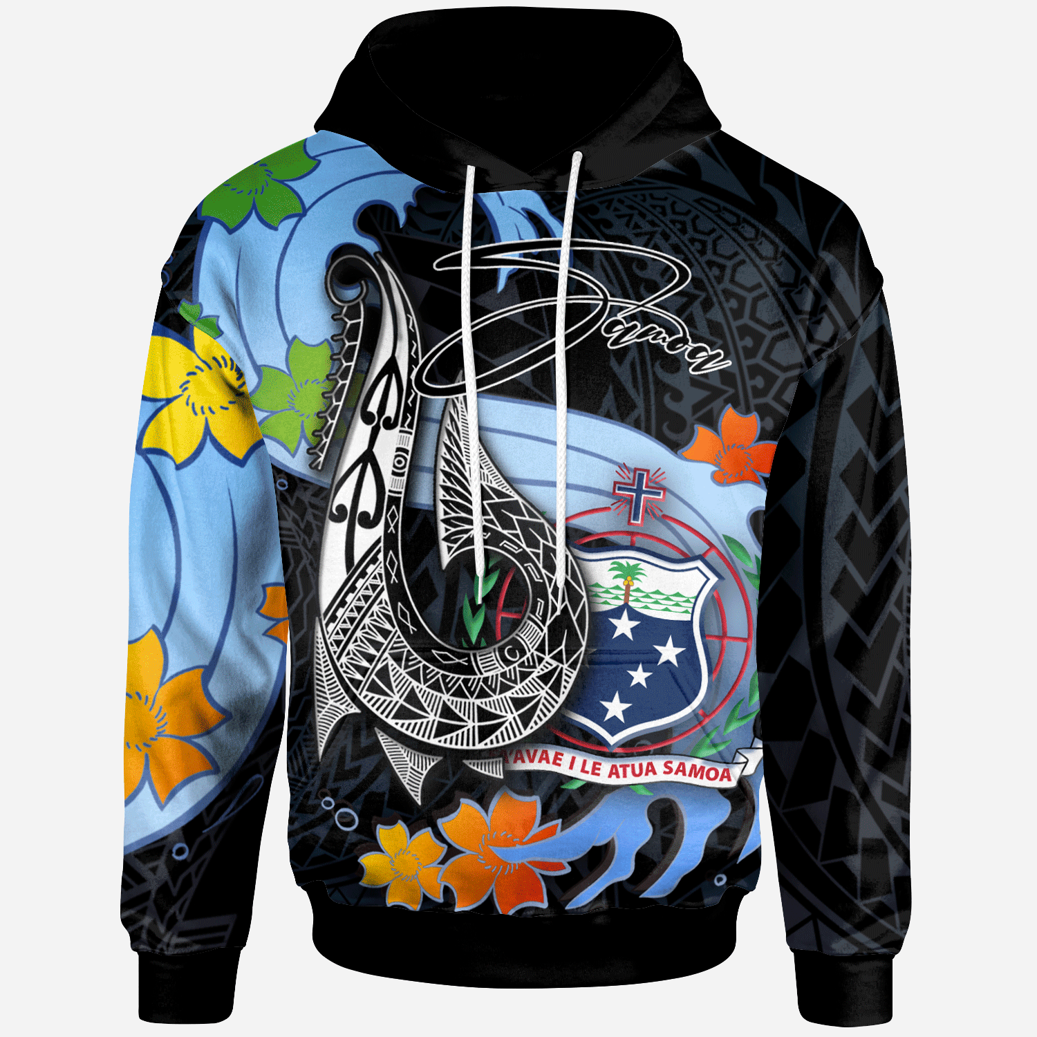 Samoa Hoodie Fish Hooks and Wave Unisex Black - Polynesian Pride