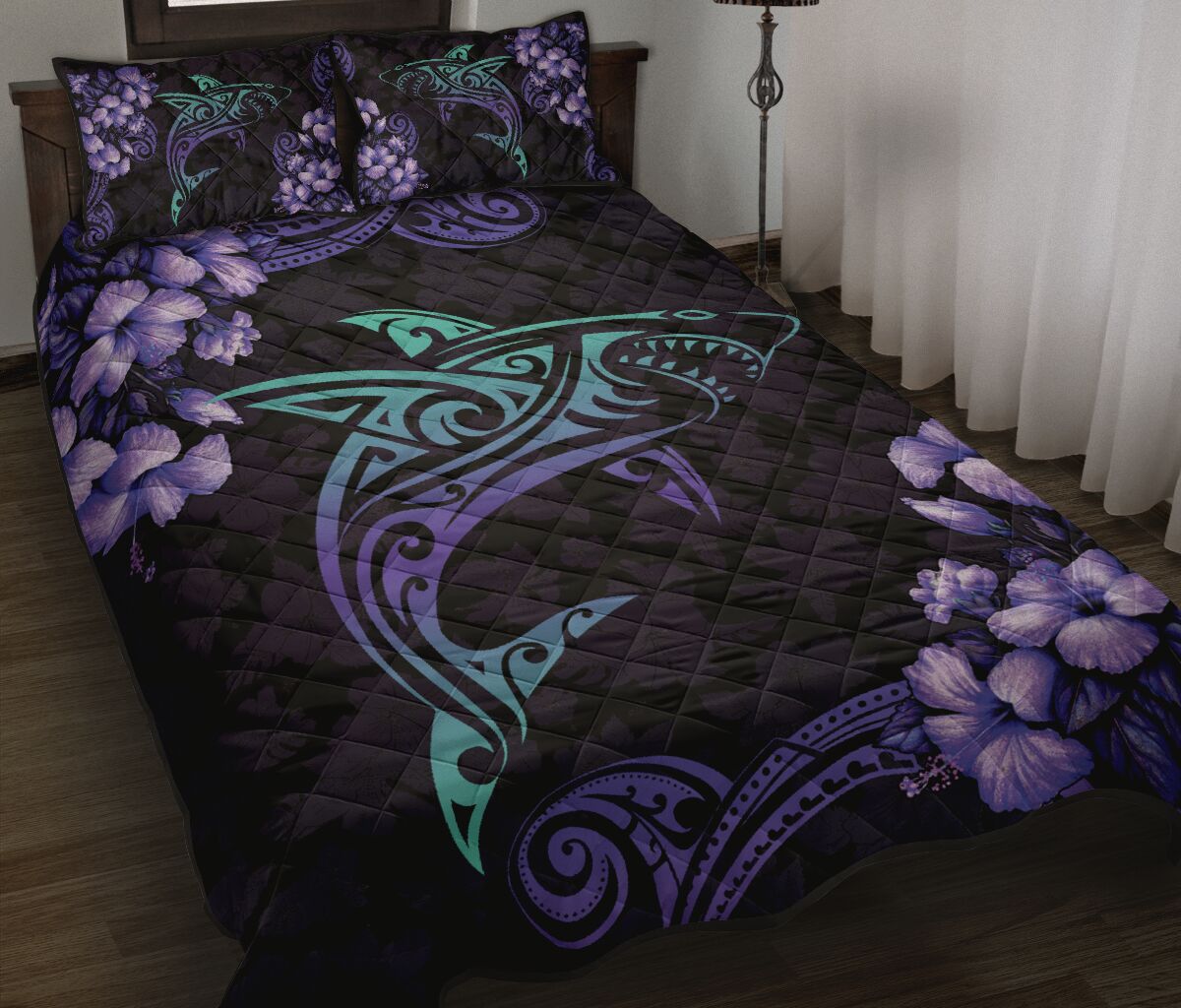 Hawaii Shark Polynesian Hibiscus Quilt Bed Set - Purple Style - AH Art - Polynesian Pride