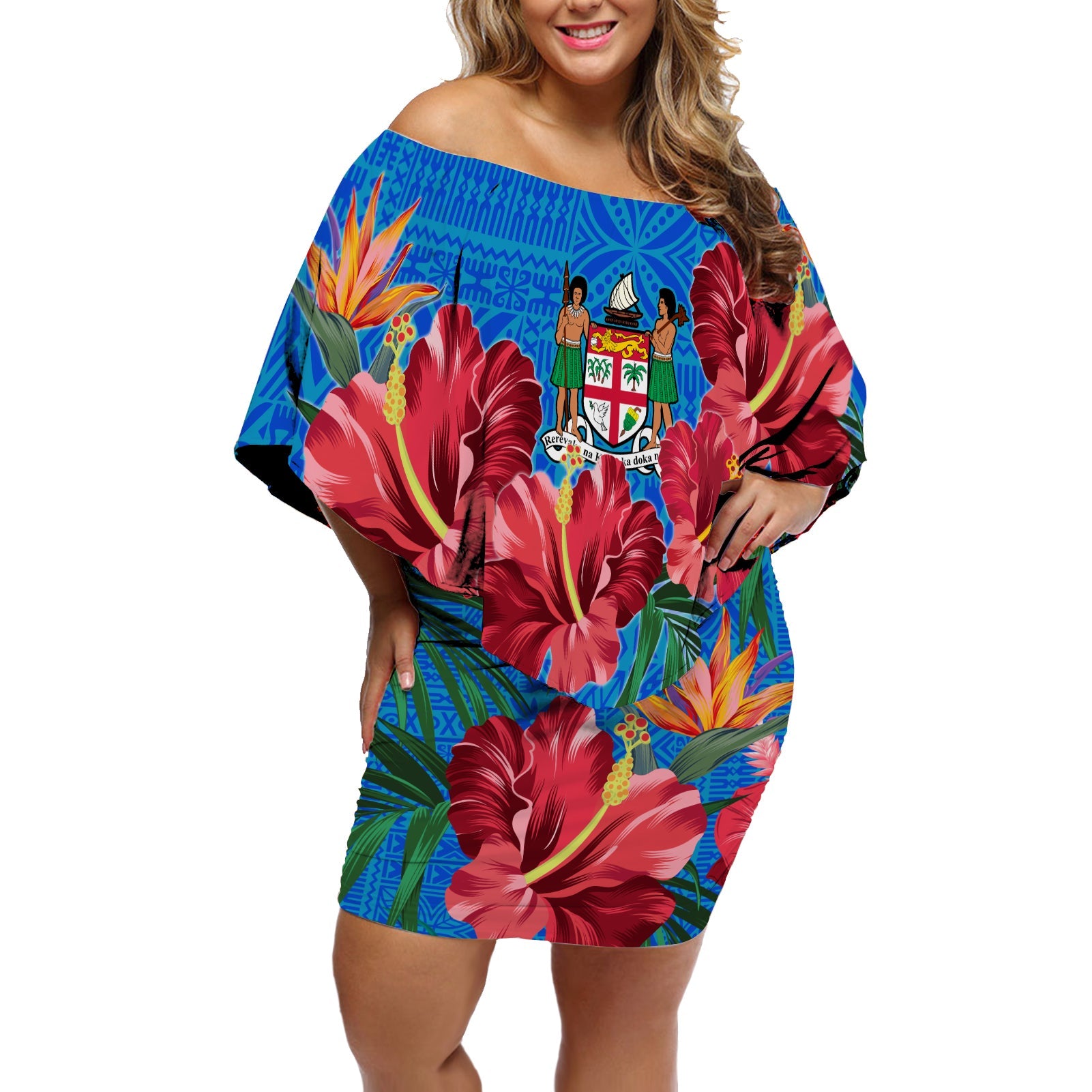 Fiji Tie Dye Off Shoulder Short Dress Polynesian Special Tribal Creative Tropical Flowers Ver.08 LT13 Women Art - Polynesian Pride