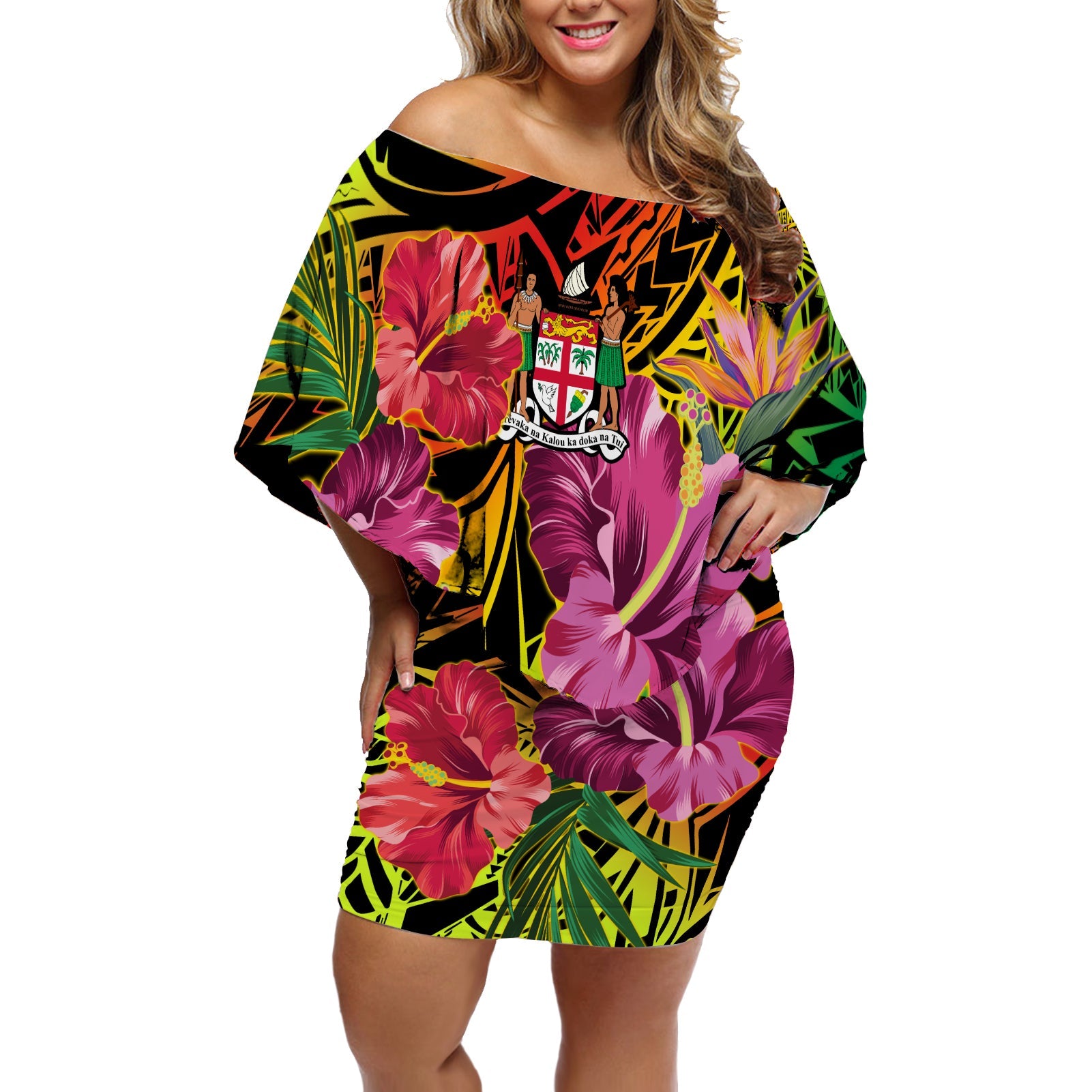 Fiji Tie Dye Off Shoulder Short Dress Polynesian Special Tribal Creative Tropical Flowers Ver.06 LT13 Women Art - Polynesian Pride