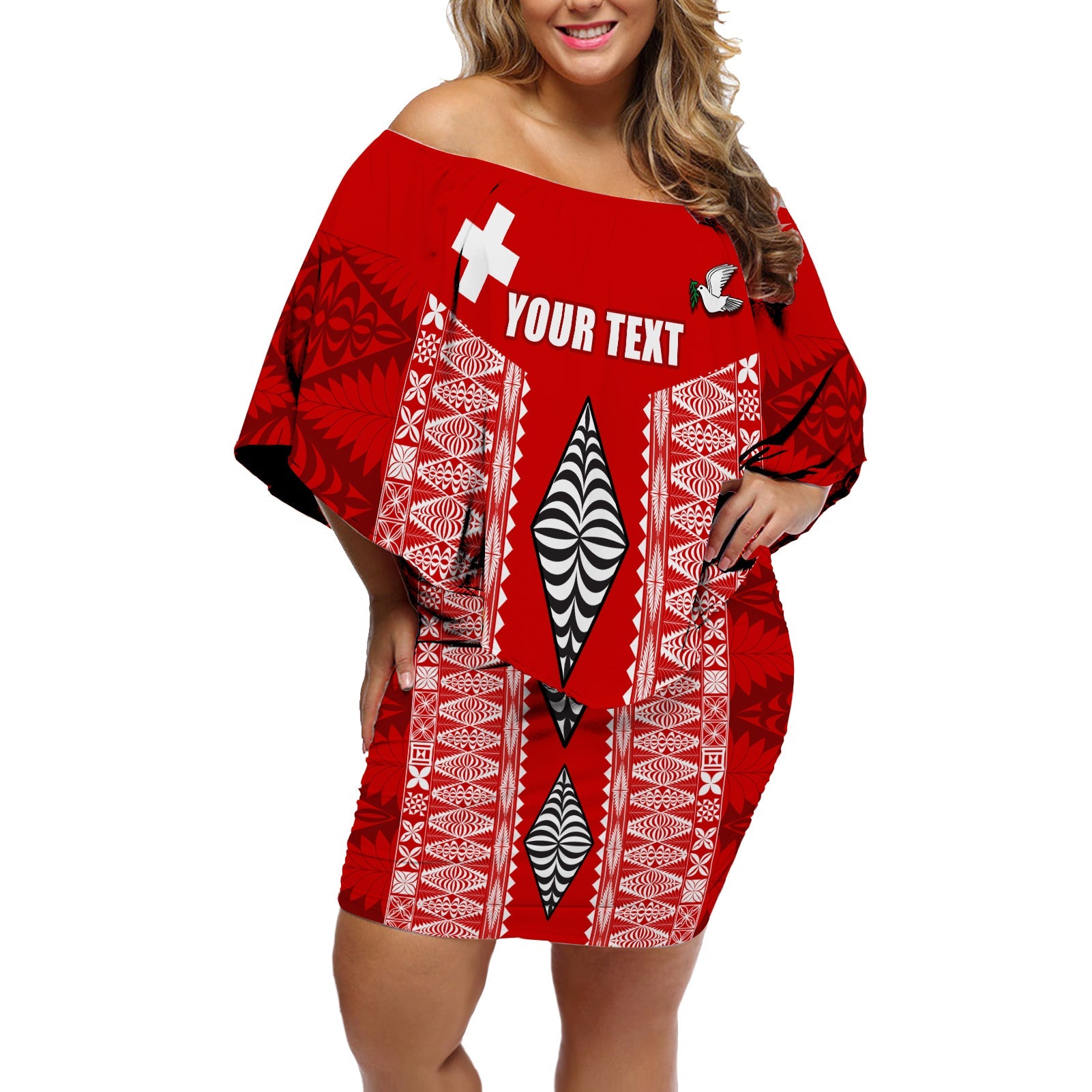 (Custom Personalised) Tonga Rugby Off Shoulder Short Dress Kupesi Ngatu Mate Maa Tonga LT13 Women Red - Polynesian Pride