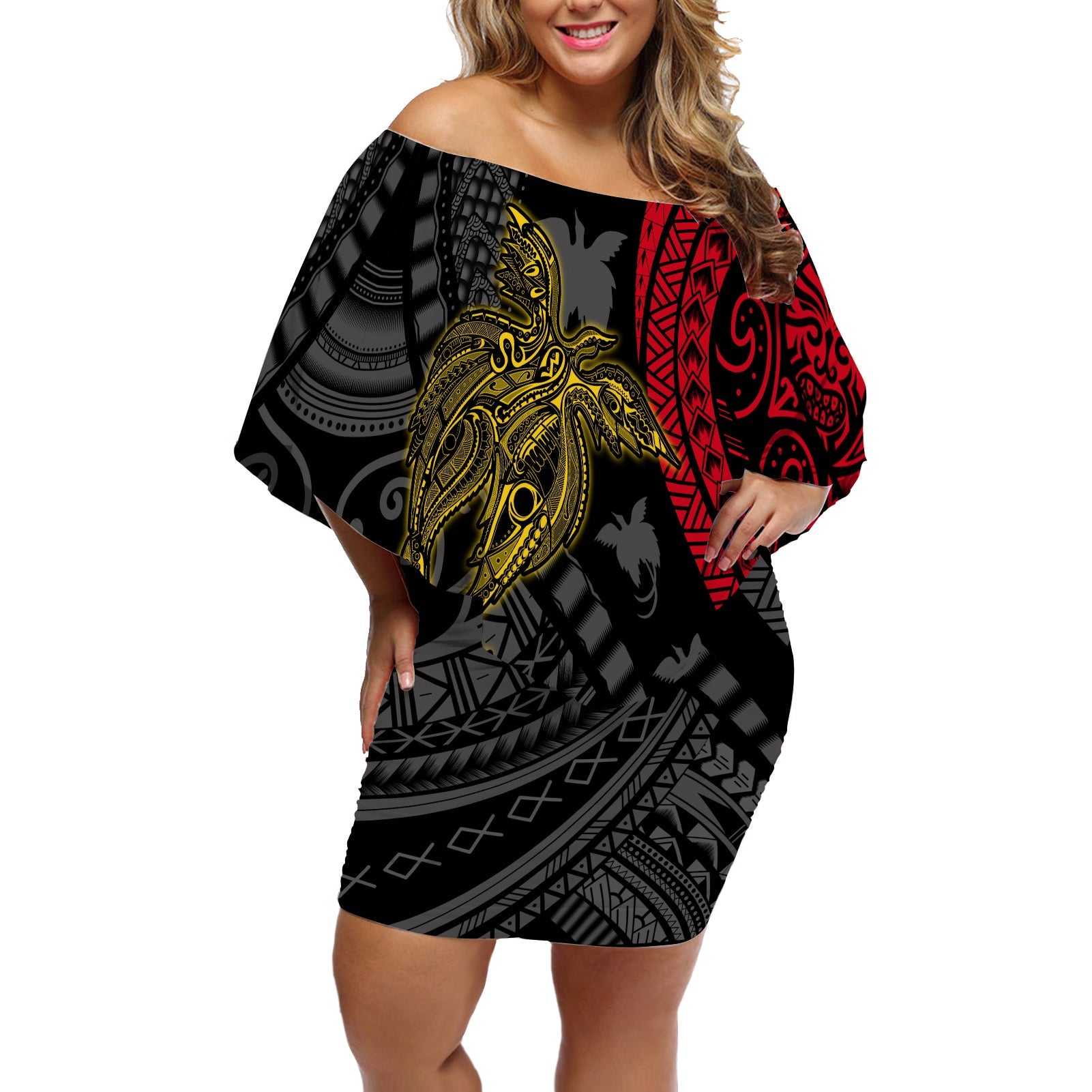 Papua New Guinea Off Shoulder Short Dress Raggiana Birds Of Paradise Happy 47th Independence Day LT13 Women Black - Polynesian Pride