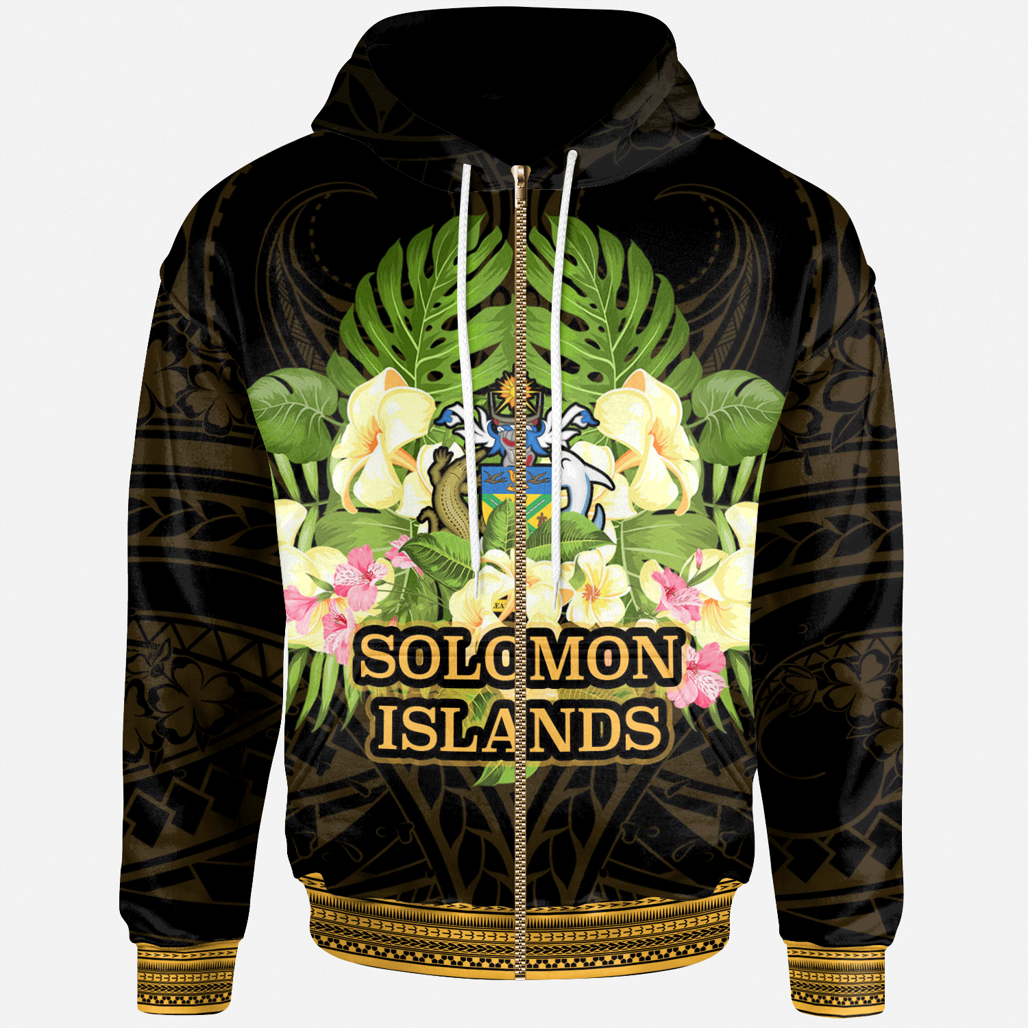 Solomon Islands Zip Hoodie Polynesian Gold Patterns Collection Unisex Black - Polynesian Pride