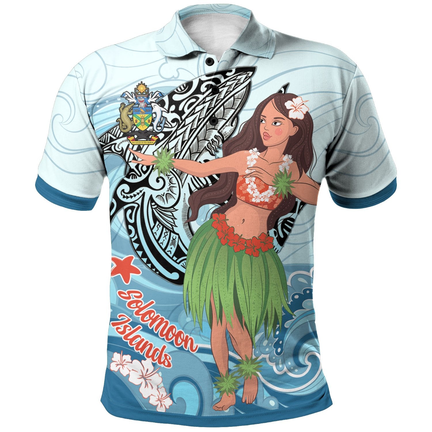 Solomon Islands Polo Shirt Polynesian Girls With Shark Unisex Blue - Polynesian Pride